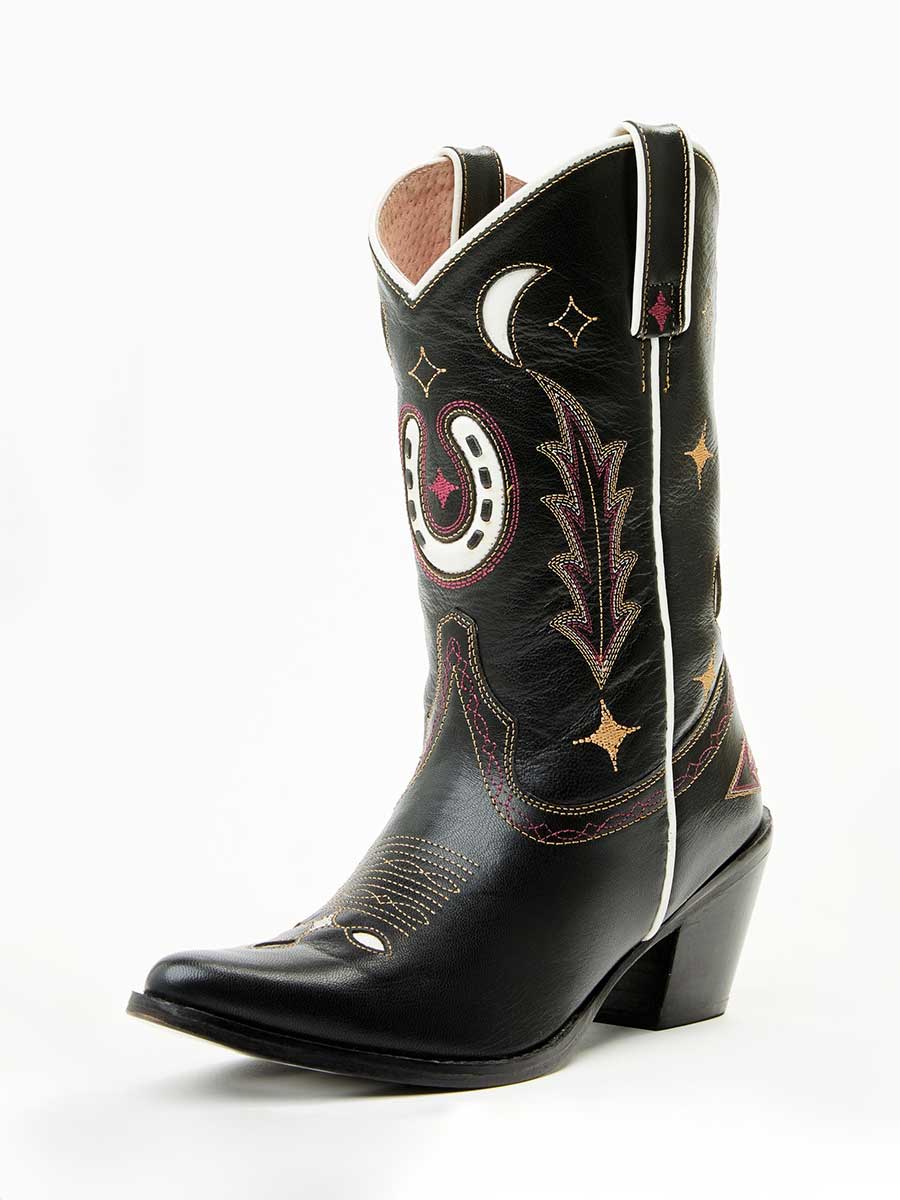 Women's Black Horseshoe Inlay Embroidered Chunky Heel Cowgirl Boots