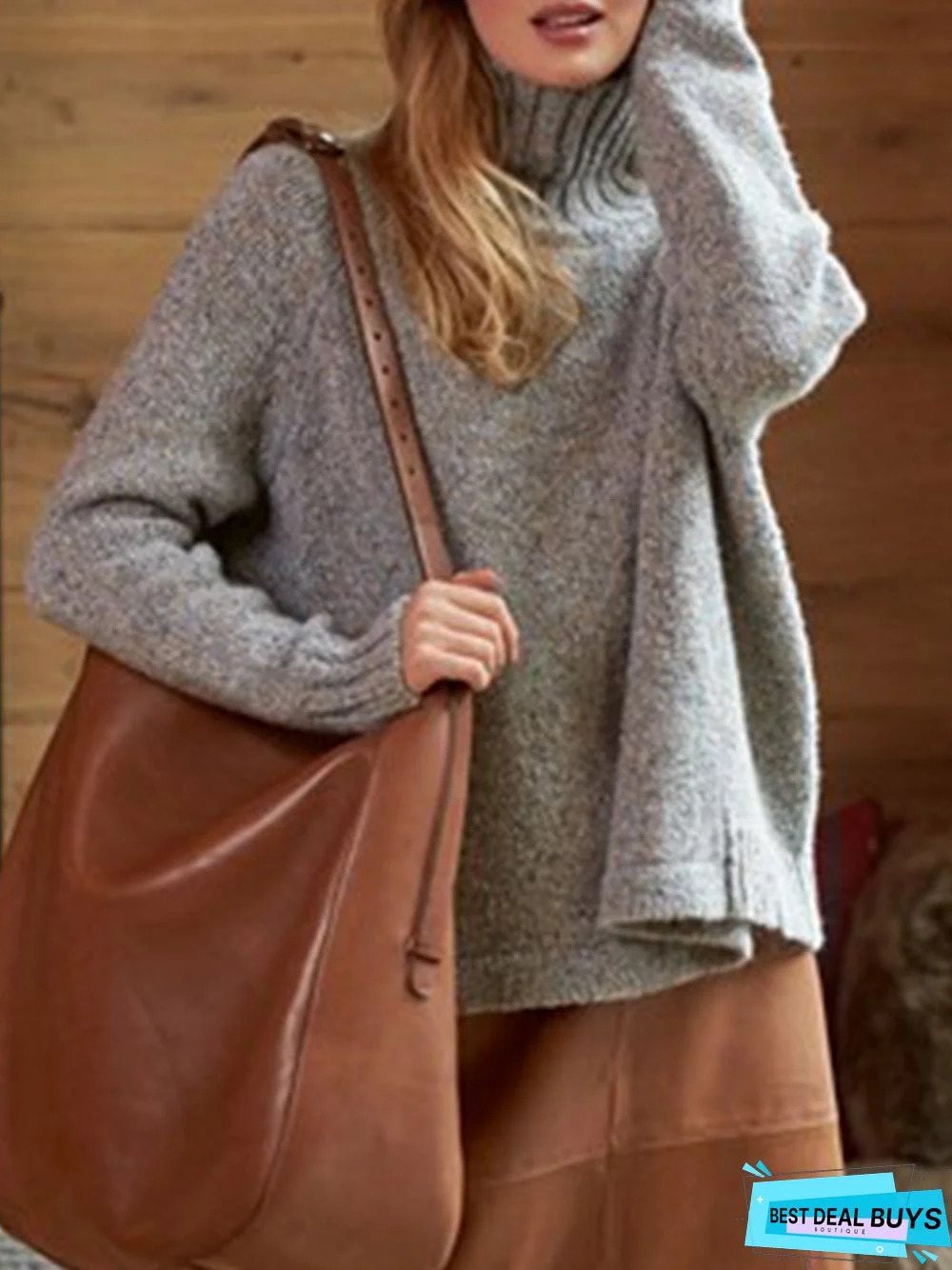 Grey Knitted Turtleneck Casual Plus Size Sweater