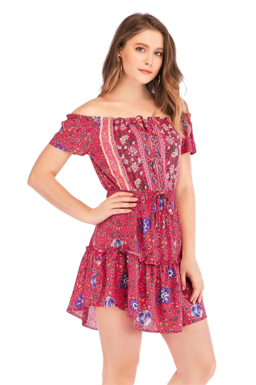 New Cotton Printed Off-the-shoulder Dress Real Shot Spot