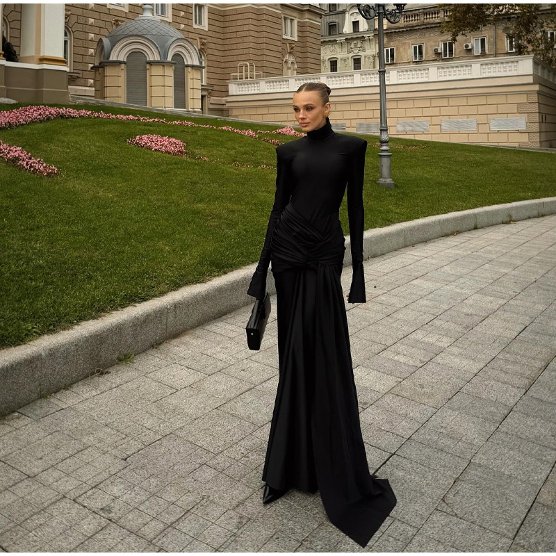 Elegant Black High Neck Bodycon Maxi Dresses Sexy O-neck Long Sleeve Shoulder Pad Lace Up Vestidos 2024 Autumn Lady Party Robes 7 Elegant Black High Neck Bodycon Maxi Dresses Sexy O-neck Long Sleeve Shoulder Pad Lace Up Vestidos 2024 Autumn Lady Party Robes