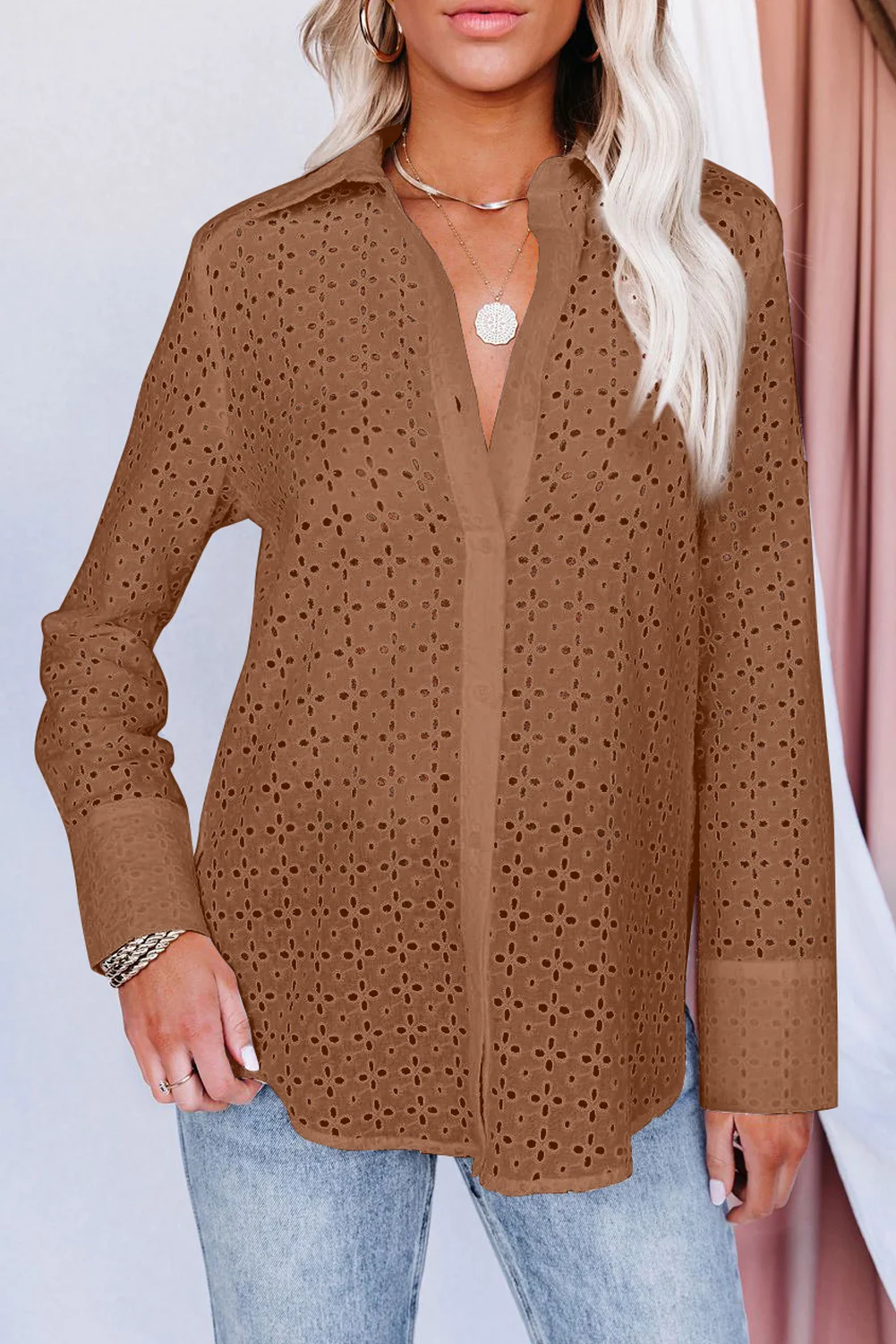Brown Long Sleeve Eyelet Floral Pattern Hollow-out Shirt | IFYHOME