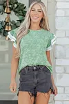 Women's Clearly Aqua Twilled Print Lace Trim Ruffled Short Sleeve Blouse T-shirt Top