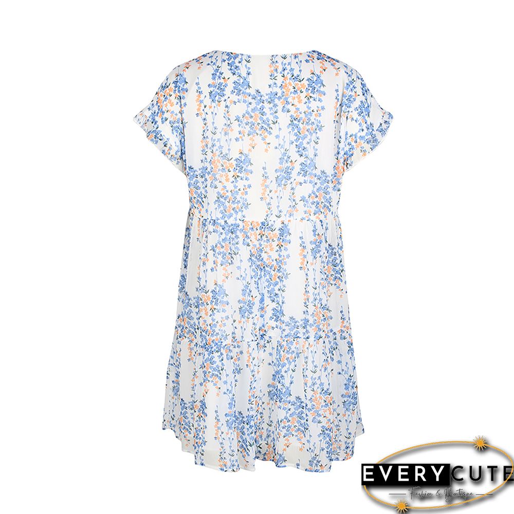 Light Blue Floral Print A-Line Chiffon Dress