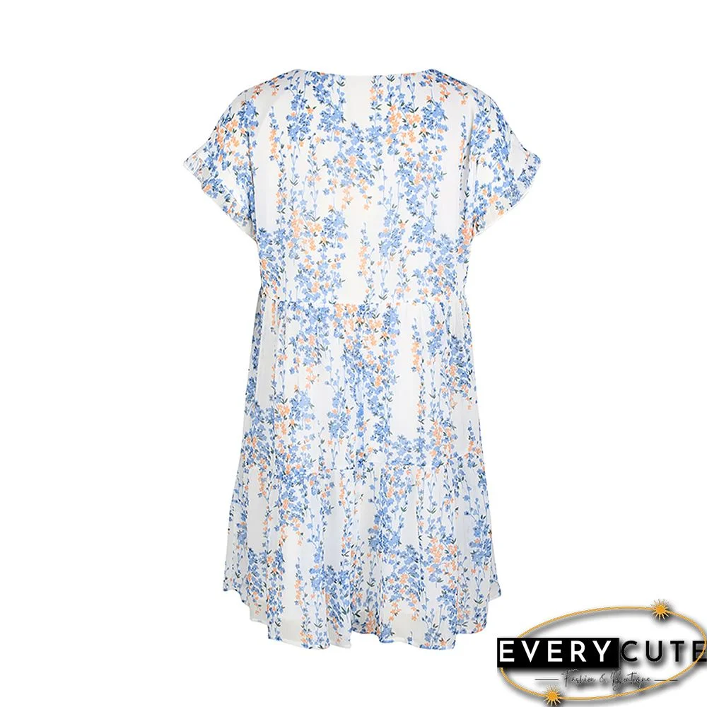 Light Blue Floral Print A-Line Chiffon Dress