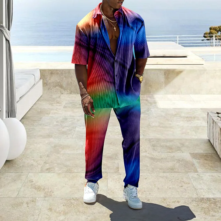 BrosWear Rainbow Gradient Beach Shirt And Pants Two Piece Set
