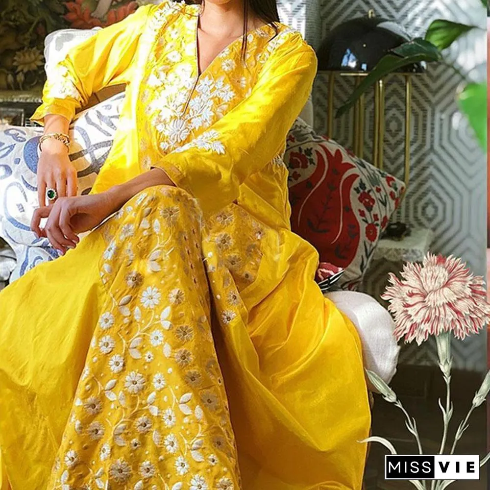 V Neck Floral Embroidery Yellow Maxi Dress