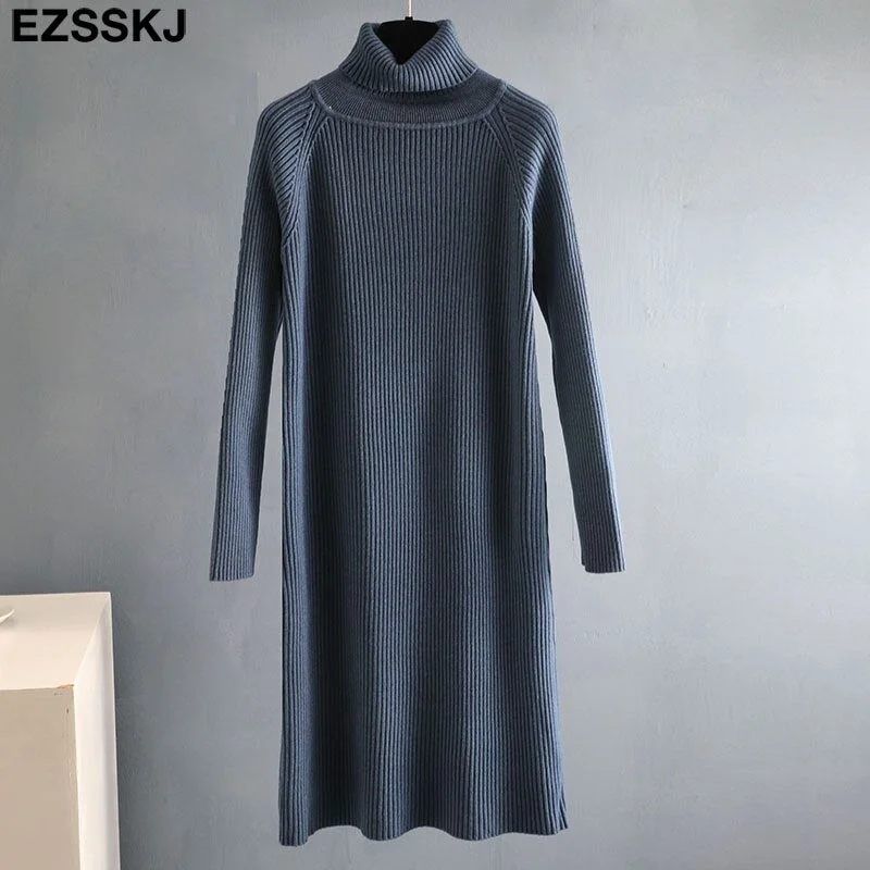 2021 Autumn Winter long thick Sweater Dress Women turtleneck long Sleeve straight maix Dress female girl warm long dress