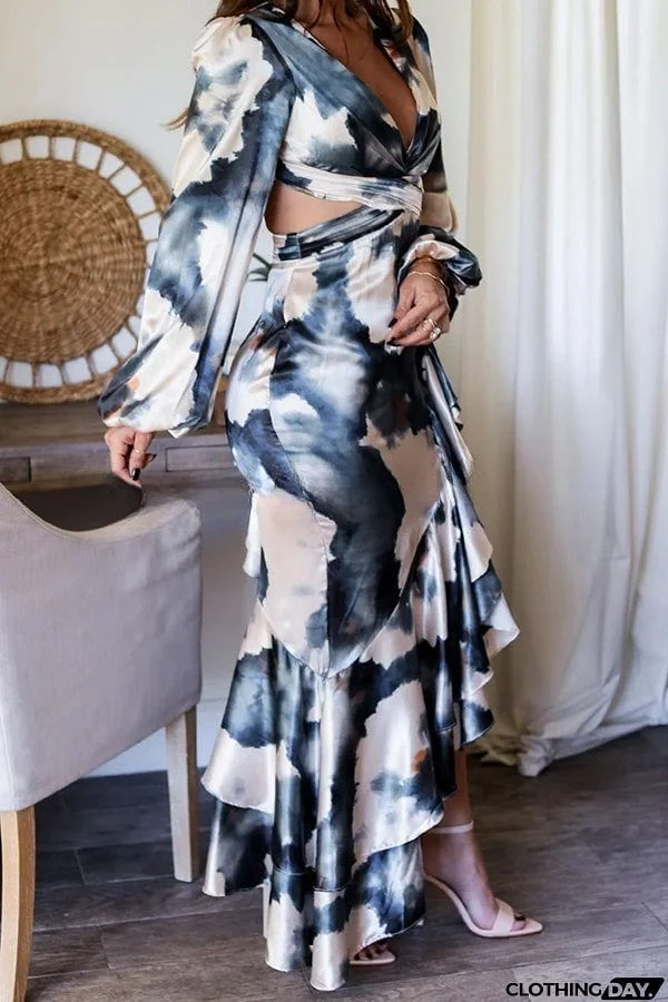 Ready for A Formal Night Tie Dye Print Gorgeous Ruffles Backless Slit Maxi Dress