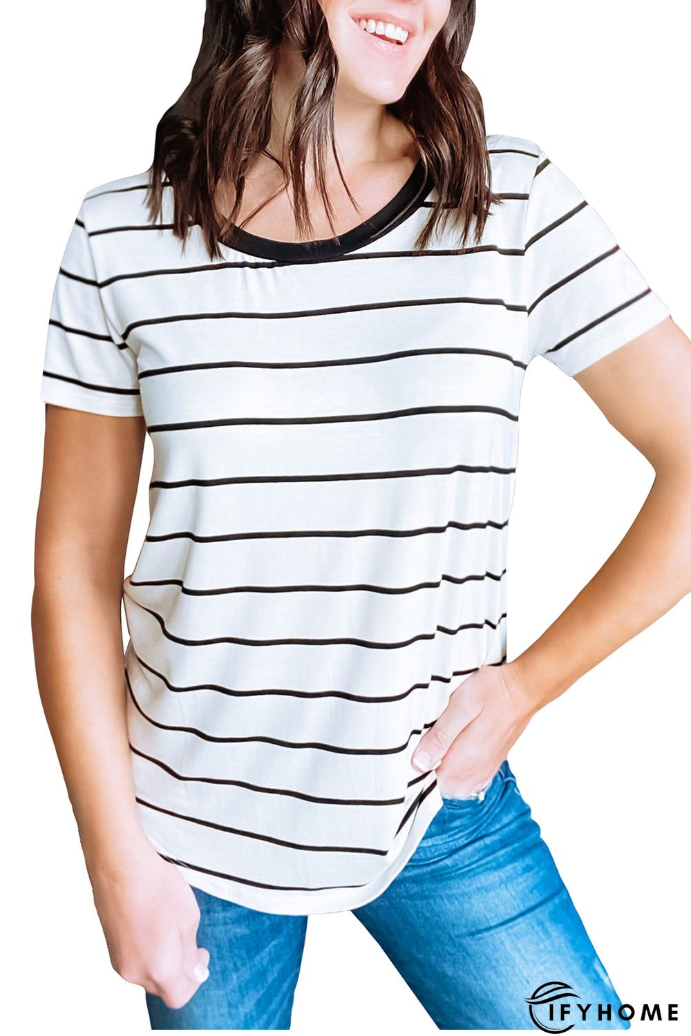 Lace Detail Back Striped Short Sleeve Top | IFYHOME