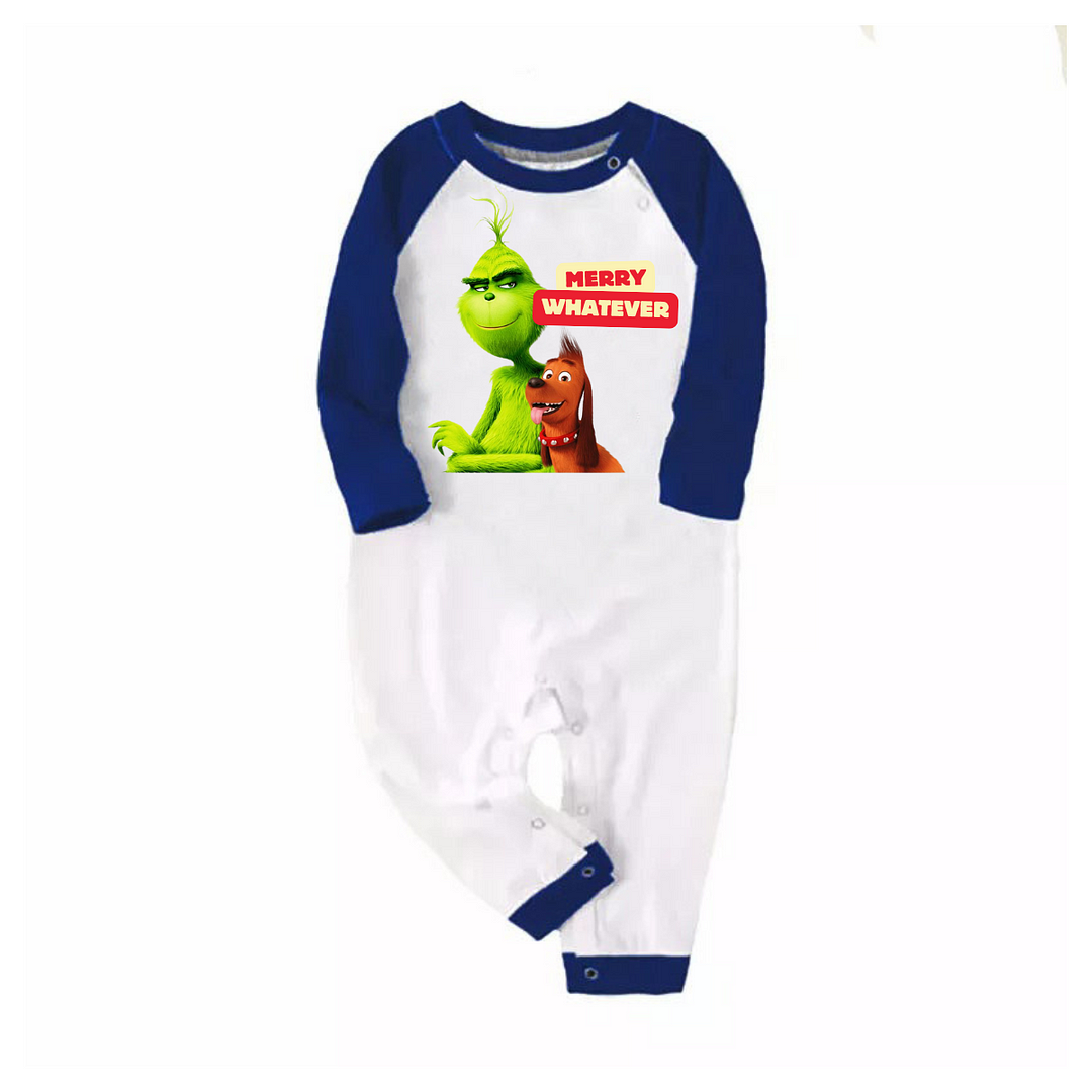 Cartoon Pattern and "Merry Whatever" Printed Navy Blue and Black Plaid Christmas Family Pajamas