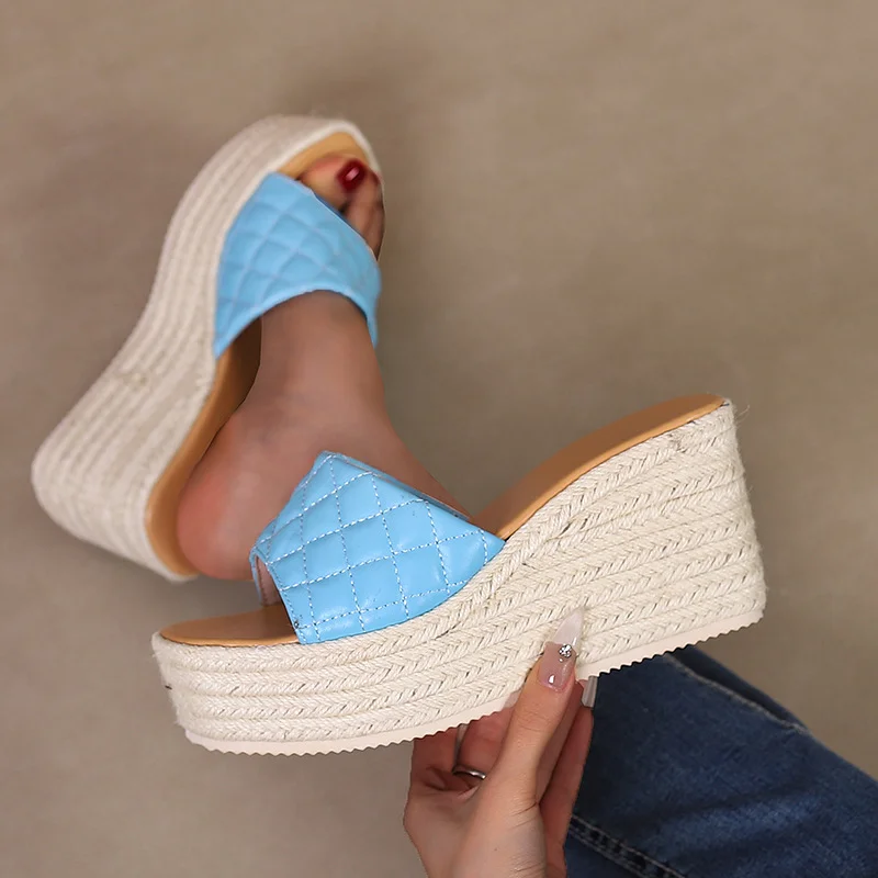 Wongn Wongn Slope Heel Thick Bottom High Toe Sandals Female Grass Hemp Rope Bottom