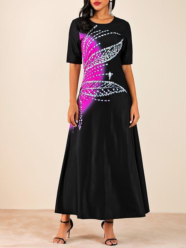 Women's Maxi A Line Dress - Half Sleeve Color Block Black M L XL XXL XXXL - VSMEE