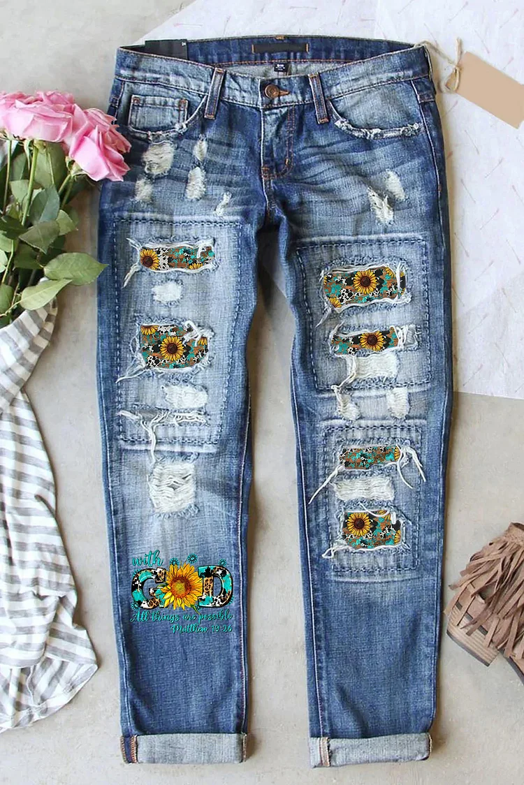 With God All Things Are Possible Sunflower Printed Ripped Jeans