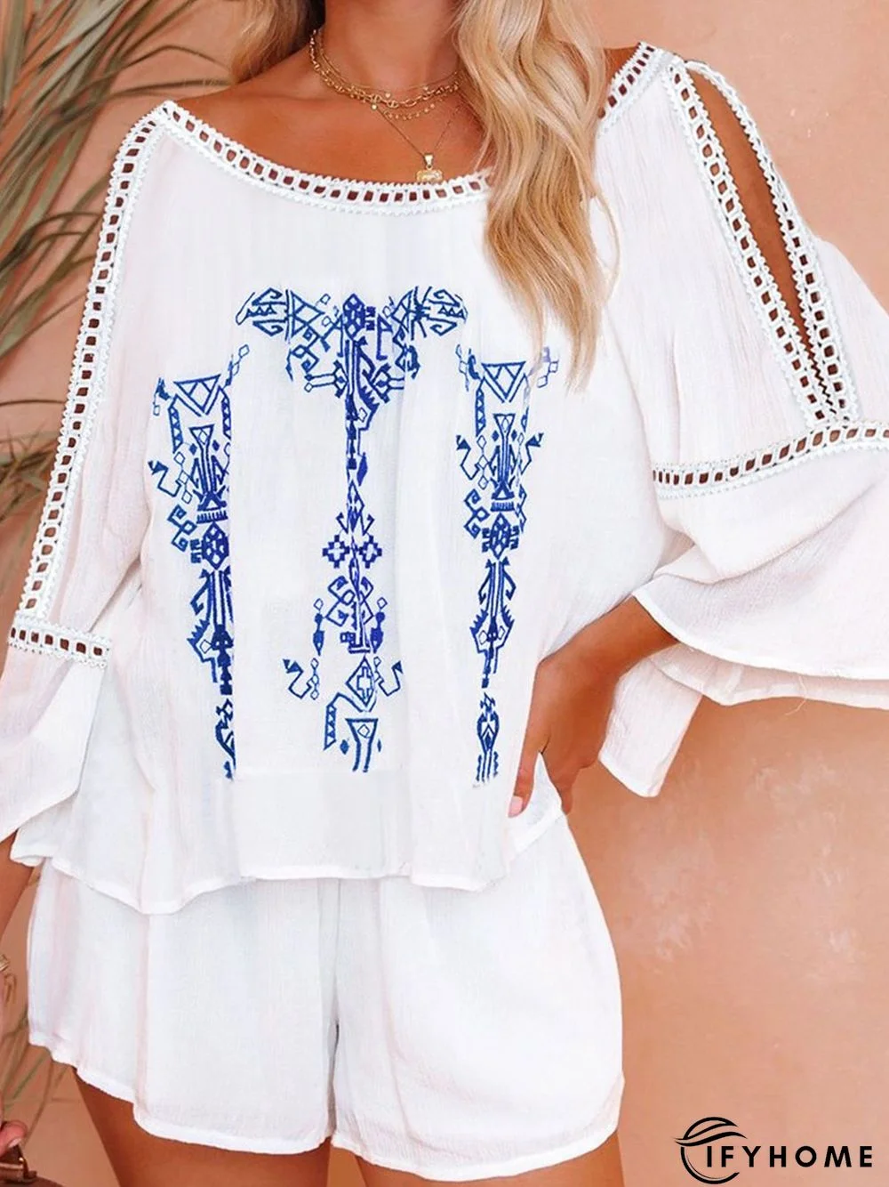 Crew Neck Boho Loose Ethnic Flare Sleeve Two-Piece Set | IFYHOME