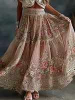 Women's Romantic Vacation Floral Roses Art Linen Blend Casual Skirt