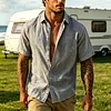 Men's Linen Short Sleeve Shirt Summer Casual Button Down Top Breathable Lightweight Pink Dress Shirt for Beach Vacation by Inlyline