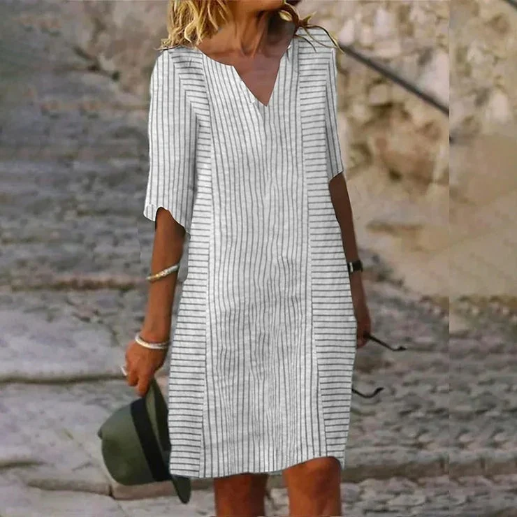 Comstylish Striped Printed V-Neck Linen Blend Casual Midi Dress