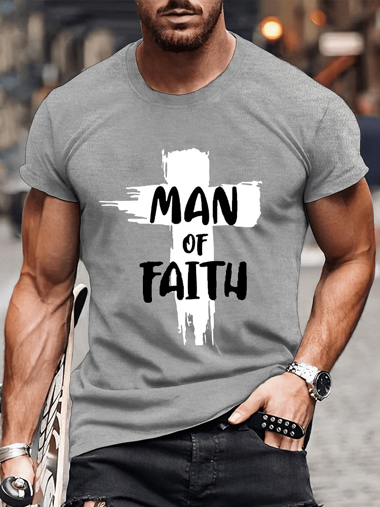 Man Of Faith Cross Cotton Crew Neck T-shirt
