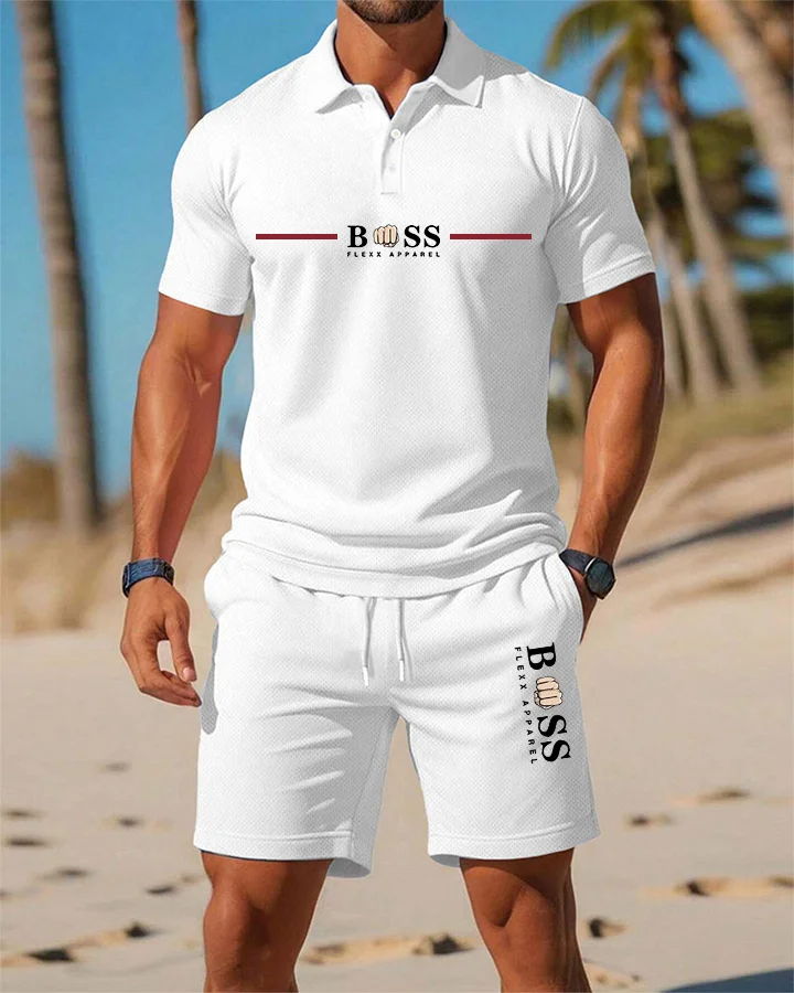 Men's Beach Series Casual Fashion BOSS Printed Polo Shirt Set