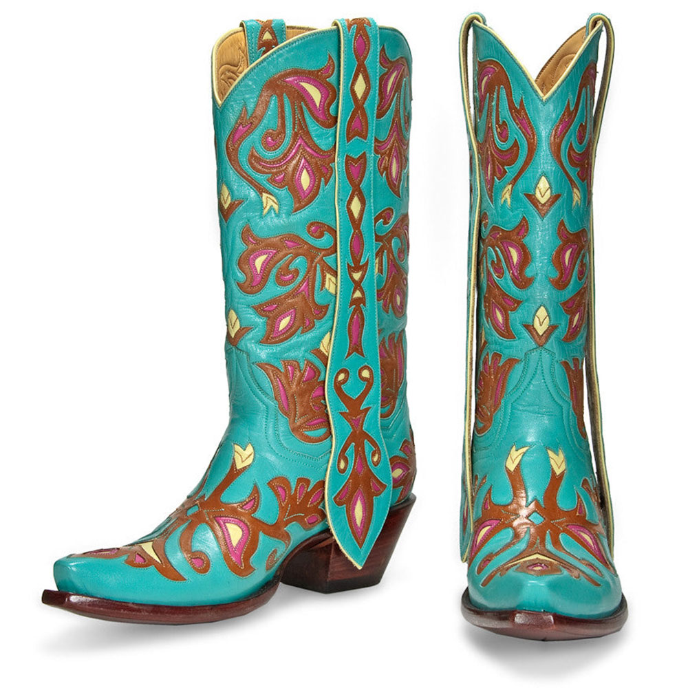 Multicolor Flower Inlay Snip Toe Chunky Heel Mid-Calf Cowgirl Boots Nicepairs