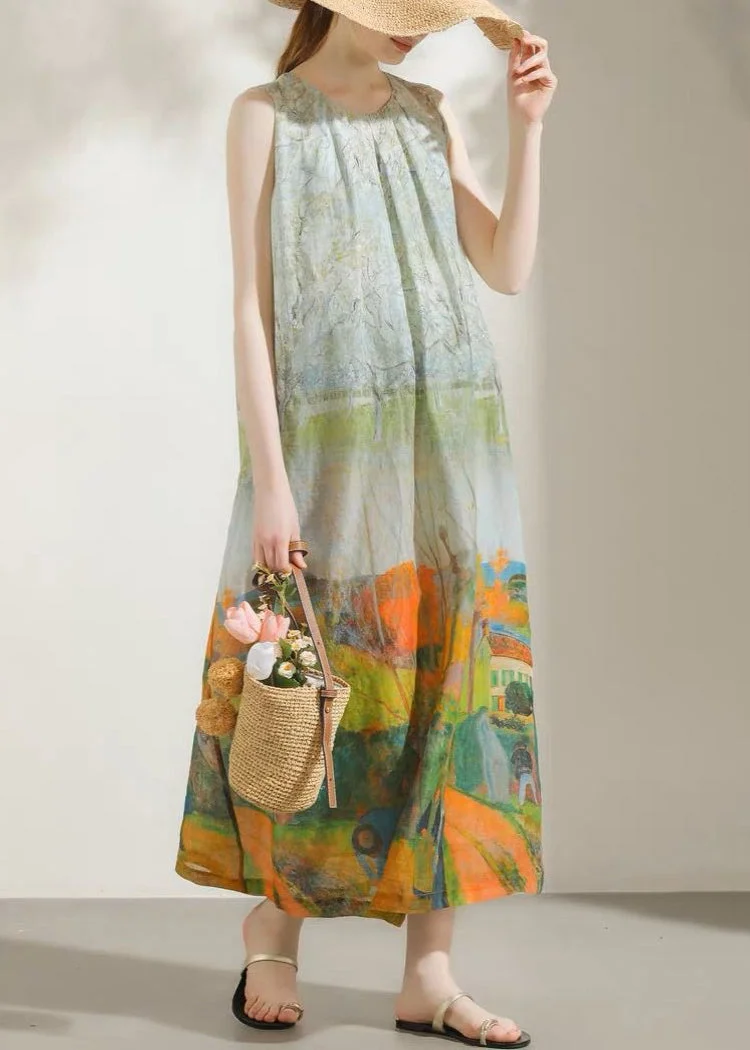 French Green O-Neck Print Cotton Long Dress Sleeveless