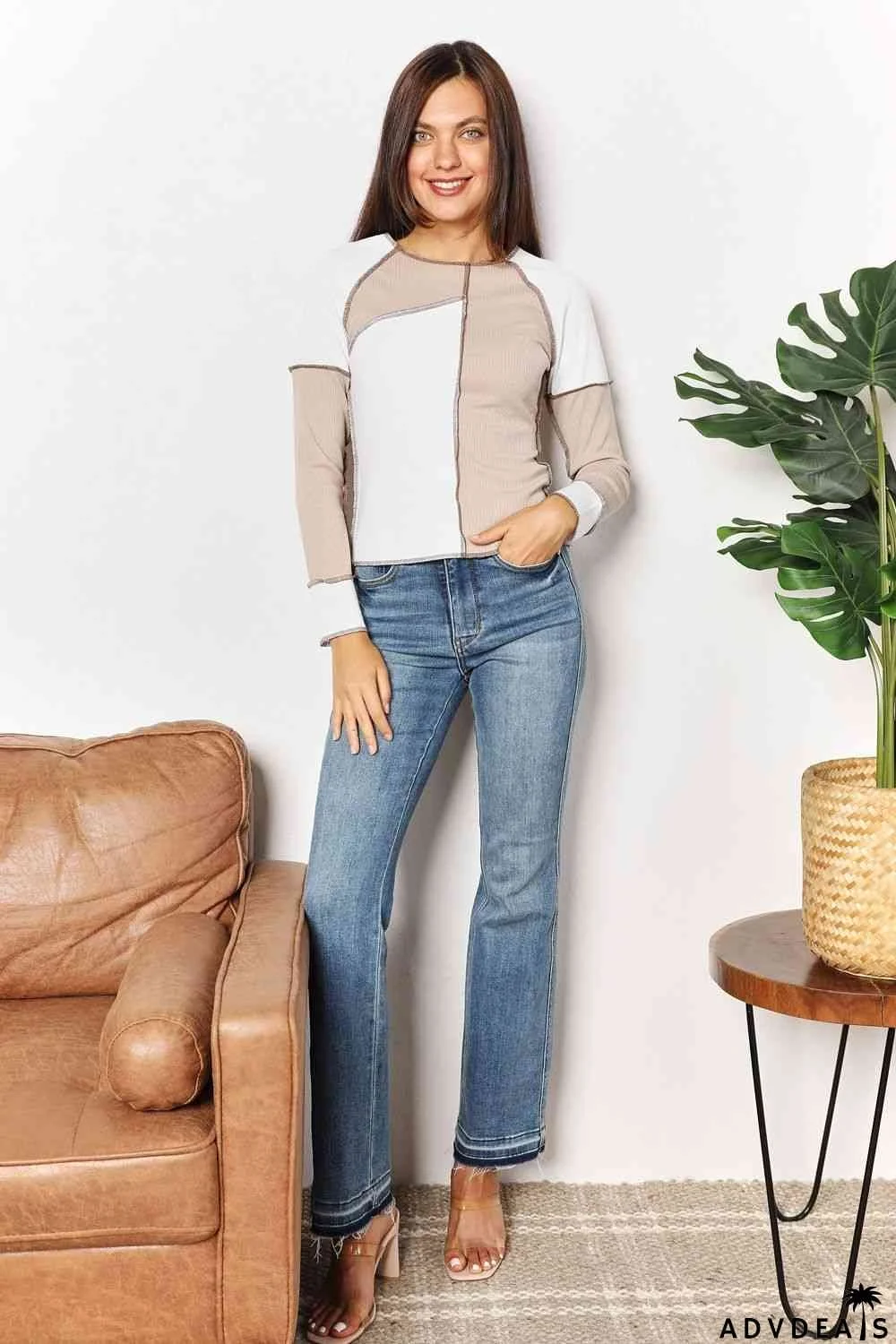 Double Take Color Block Exposed Seam Top