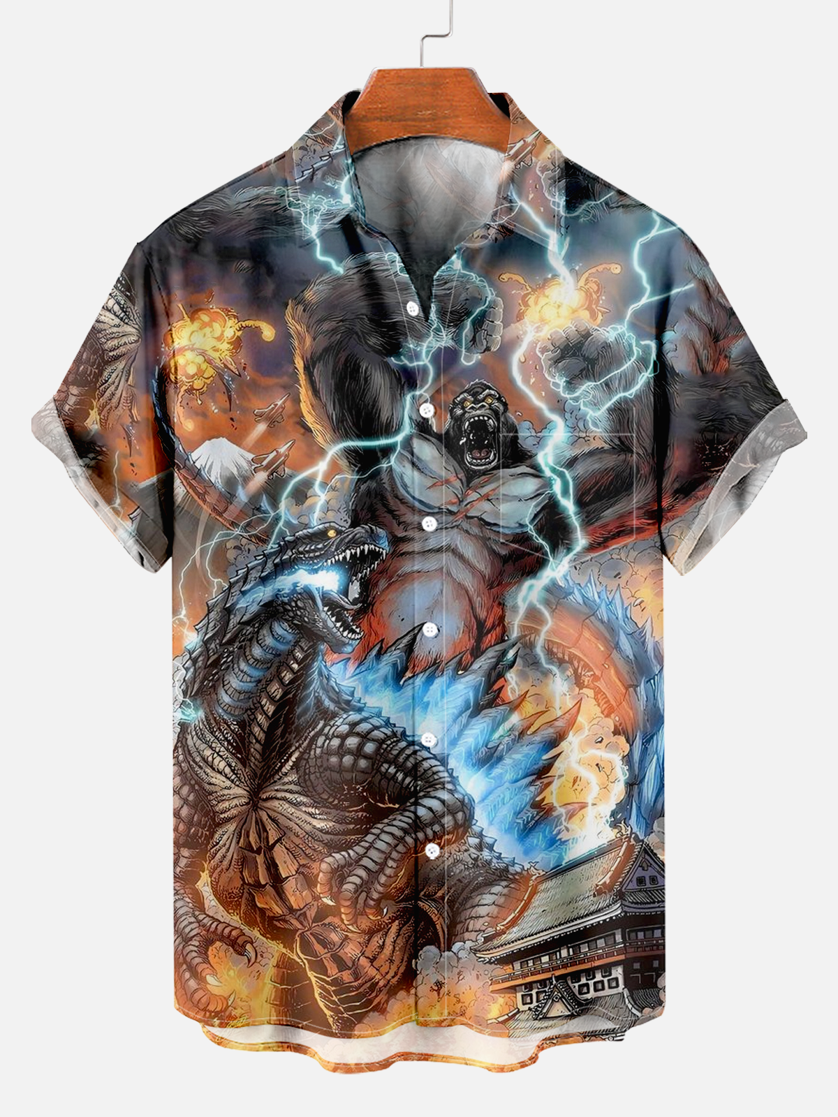 Men's Comfortable Horror Giant Monster Battle Appearance Print Shirt PLUSCLOTHESMAN