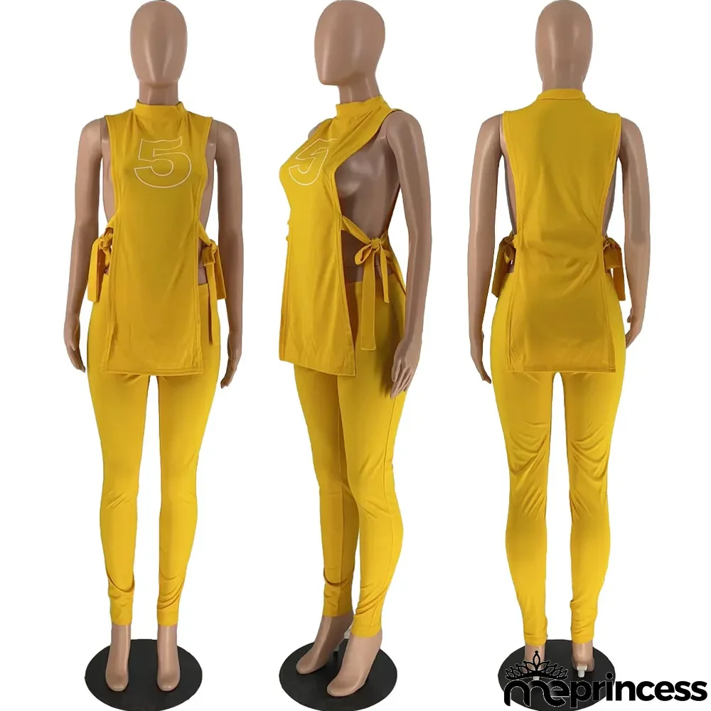 Women's Summer Slit Lace-Up Fashion Printed Two Piece