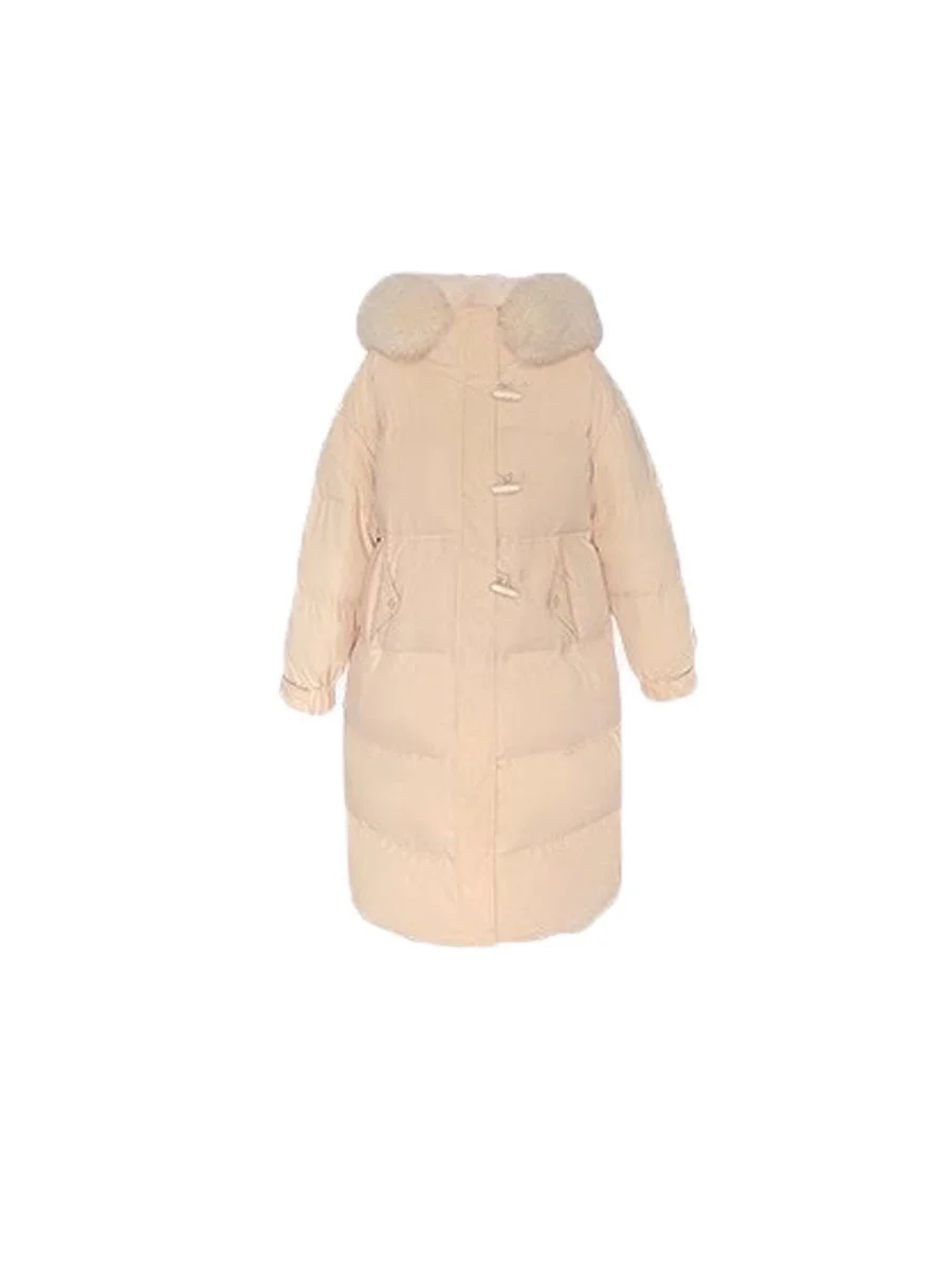 Toloer Pinghu Down Jacket Female Winter 2024 New Advanced Sense Sweet White Duck Velvet Ox Horn Buckle Thick Warm Long Coat-Outfit Ideas