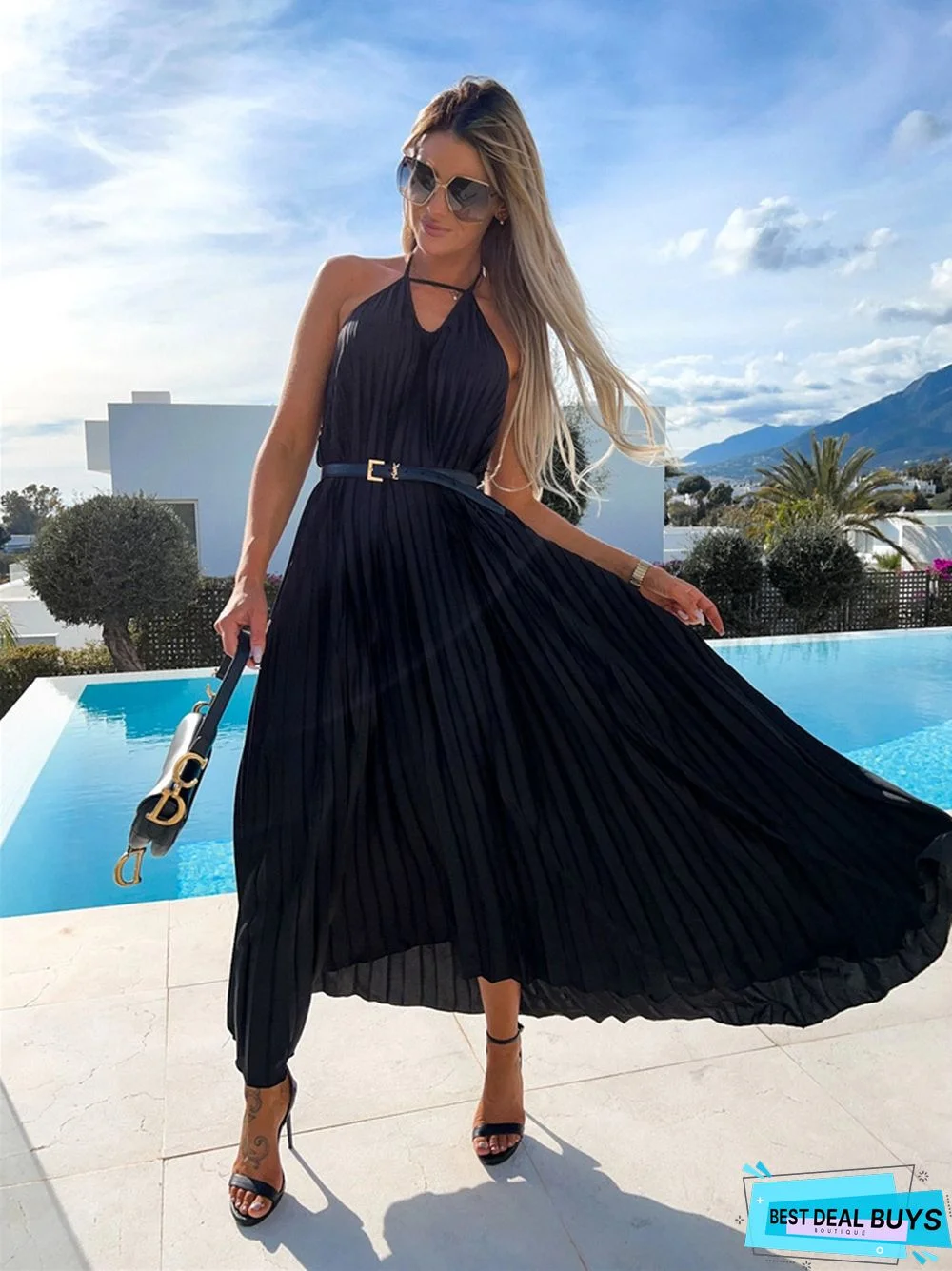 Pleated Suspender Sweet Waist Length Dress