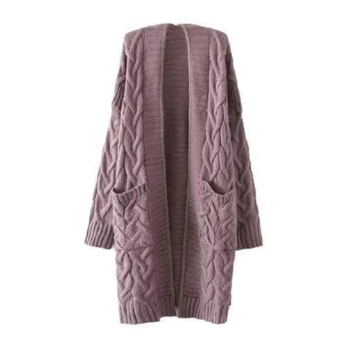 Women Autumn Winter Pockets Cardigan Long Sleeve Twist Knitted Mid-length Coat 2021