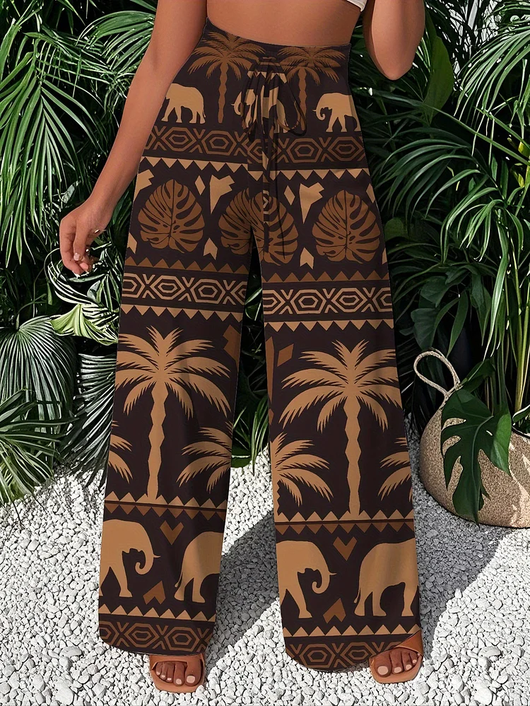 Summer Beach Vacation Ethnic Style Palm Tree Elephant Print Wide Leg Casual Loose Trouser
