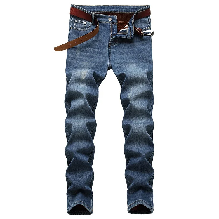 BrosWear Solid Color Fleece Warm Straight Jeans