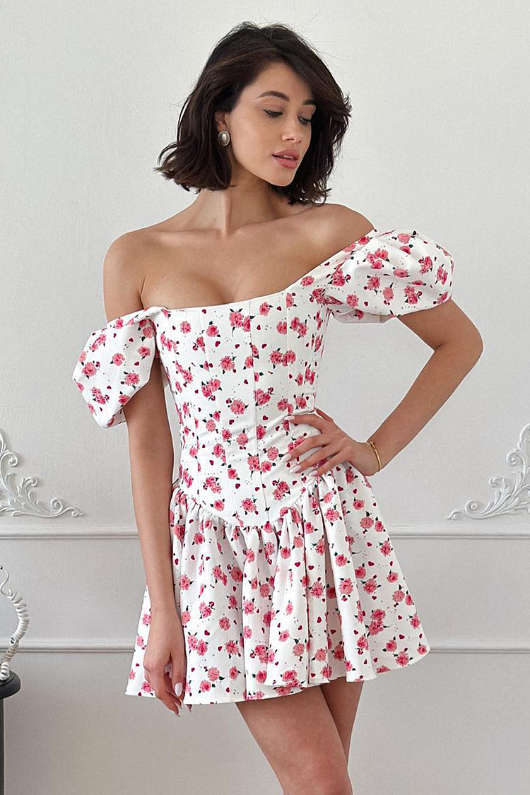 Ditsy Floral Print Puff Sleeve Corset A-Line Mini Dresses-White [Pre Order]