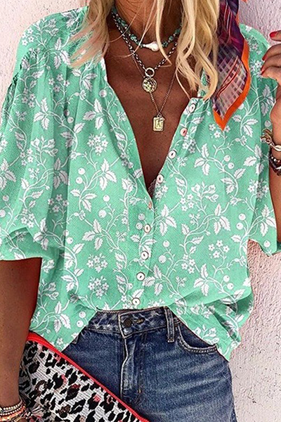 Casual Print Buckle Turndown Collar Tops(5 Colors) - Life is Beautiful for You - SheChoic
