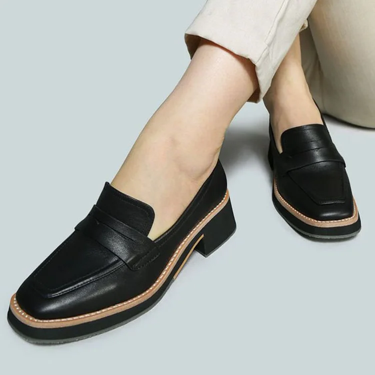 Black Square Toe Pump Women's Vintage Block Heels Casual Loafer Shoes |FSJ Shoes