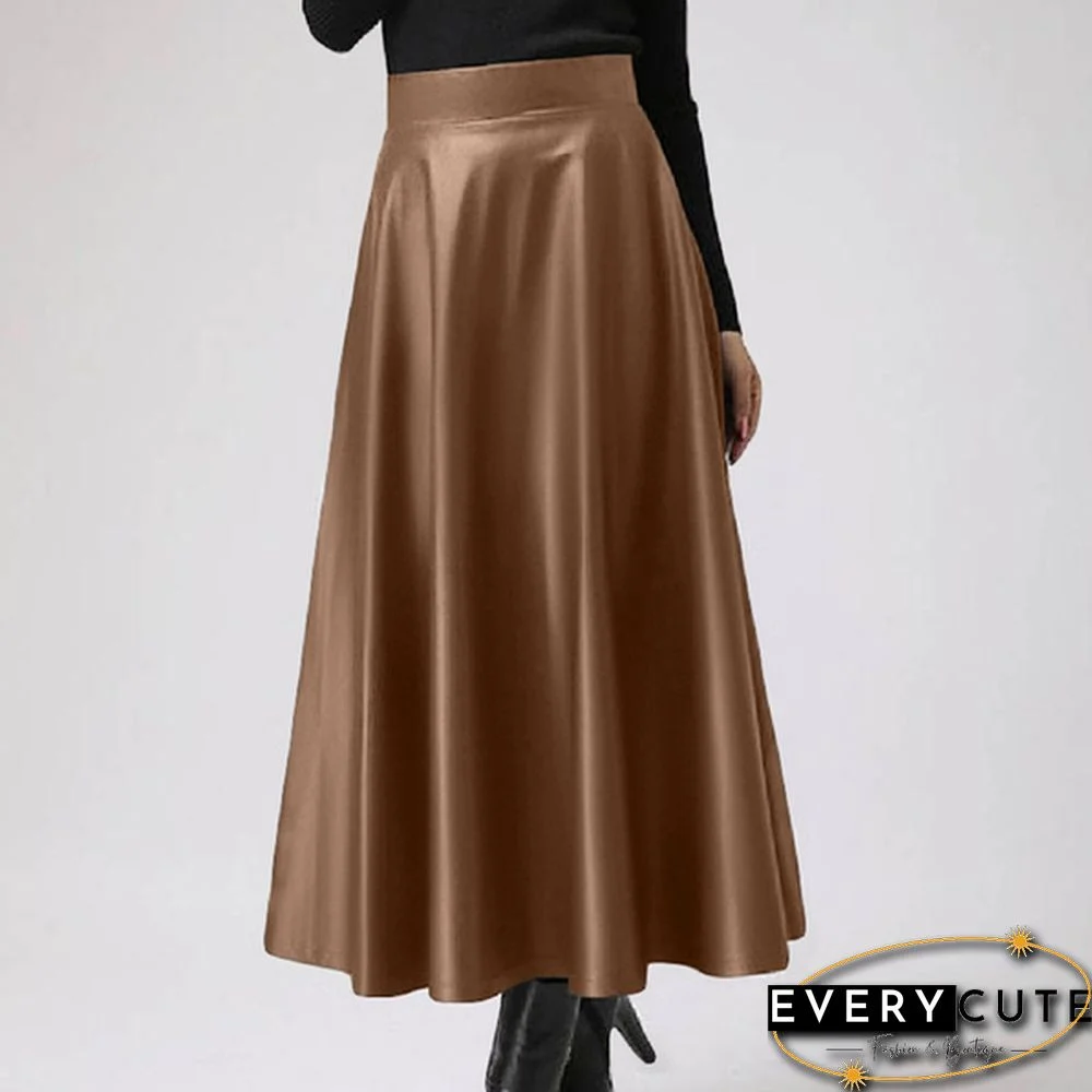 S- Women Faux Leather Vintage Maxi Long Skirts High Waist Pleated Big Swing Skirt Dress