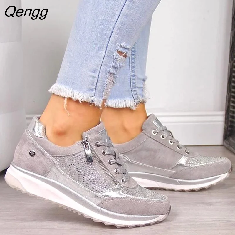 Qengg Casual Shoes 2023 New Fashion Wedge Flat Shoes Zipper Lace Up Comfortable Ladies Sneakers Female Vulcanized Shoes 304-1