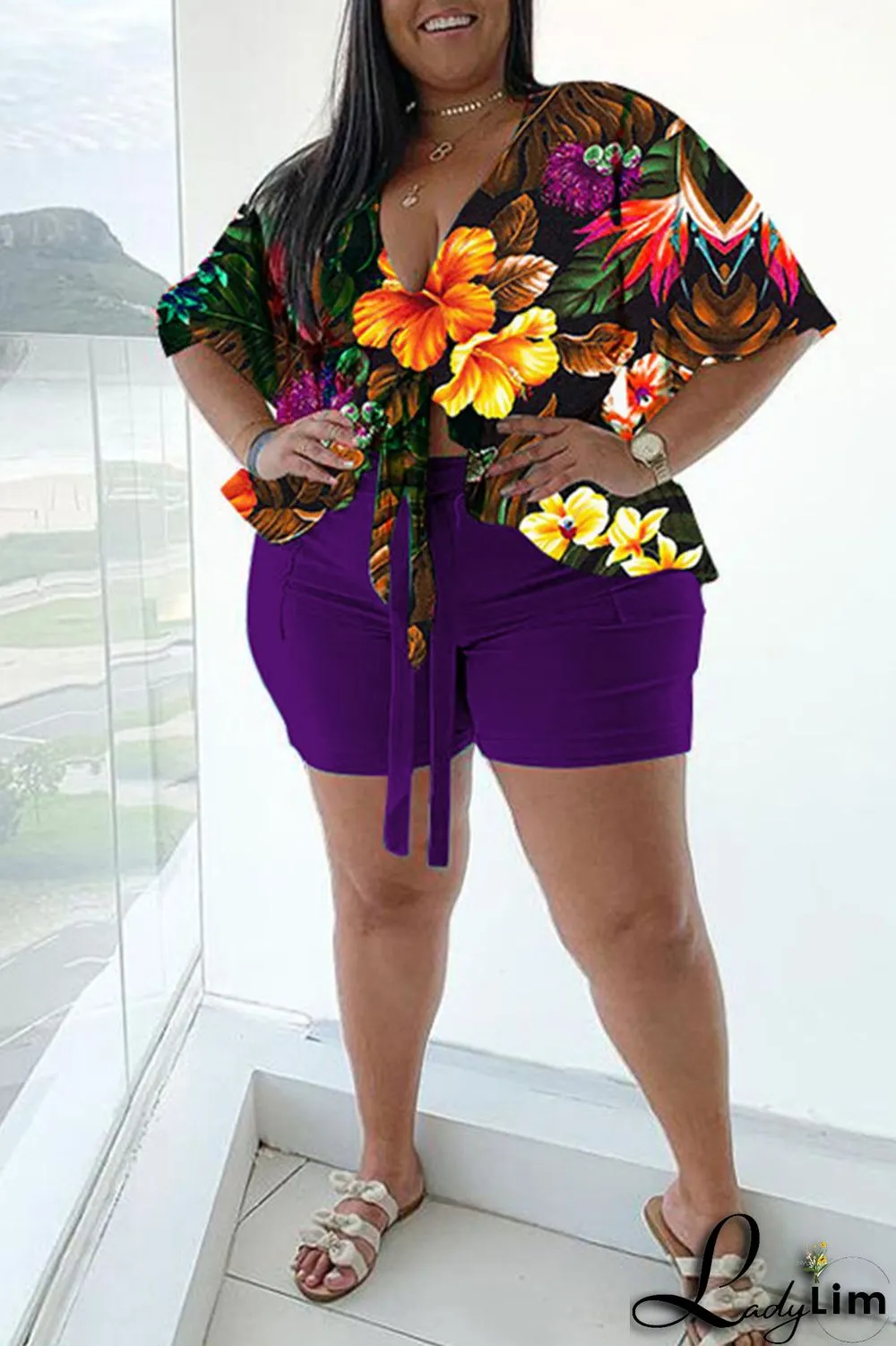 Green Casual Print Bandage Split Joint V Neck Plus Size Two Pieces