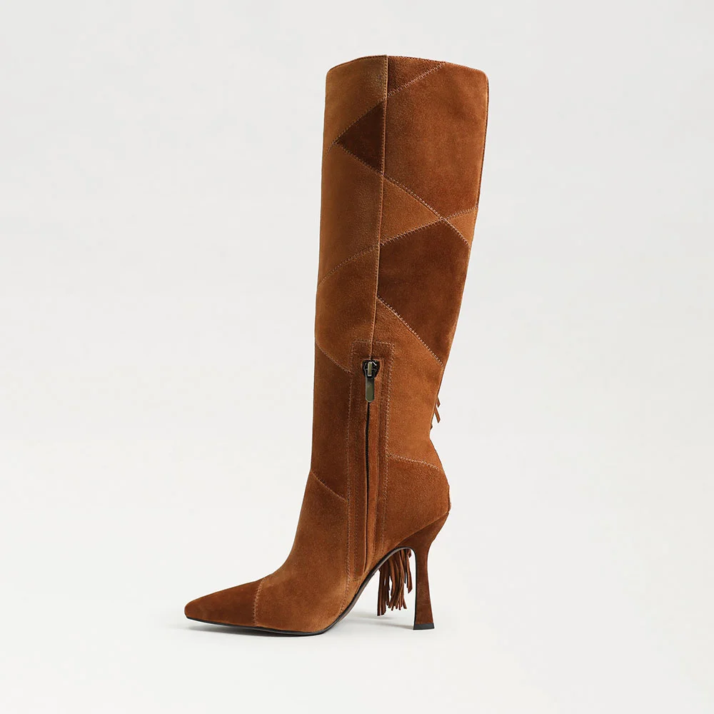 Brown Vegan Suede Patchwork Flared Heel Side Fringe Knee High Boots