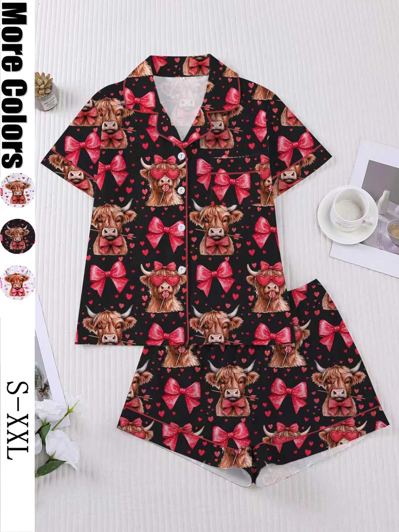Women's Sleepwear Set, Pajama Set, Pjs, Short Sleeve Button-Up Top & Elastic Shorts, Soft Fitted Design, All-Season Comfortable Homewear, Lady Loungewear, Heart