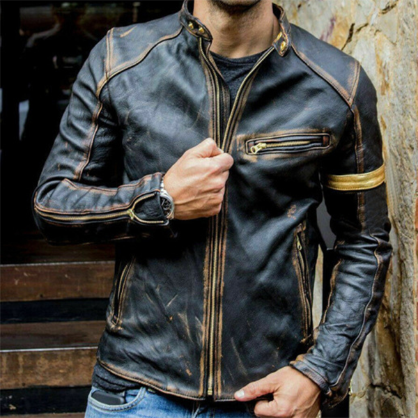 Men's stand-up collar punk motorcycle retro leather jacket / [viawink] /