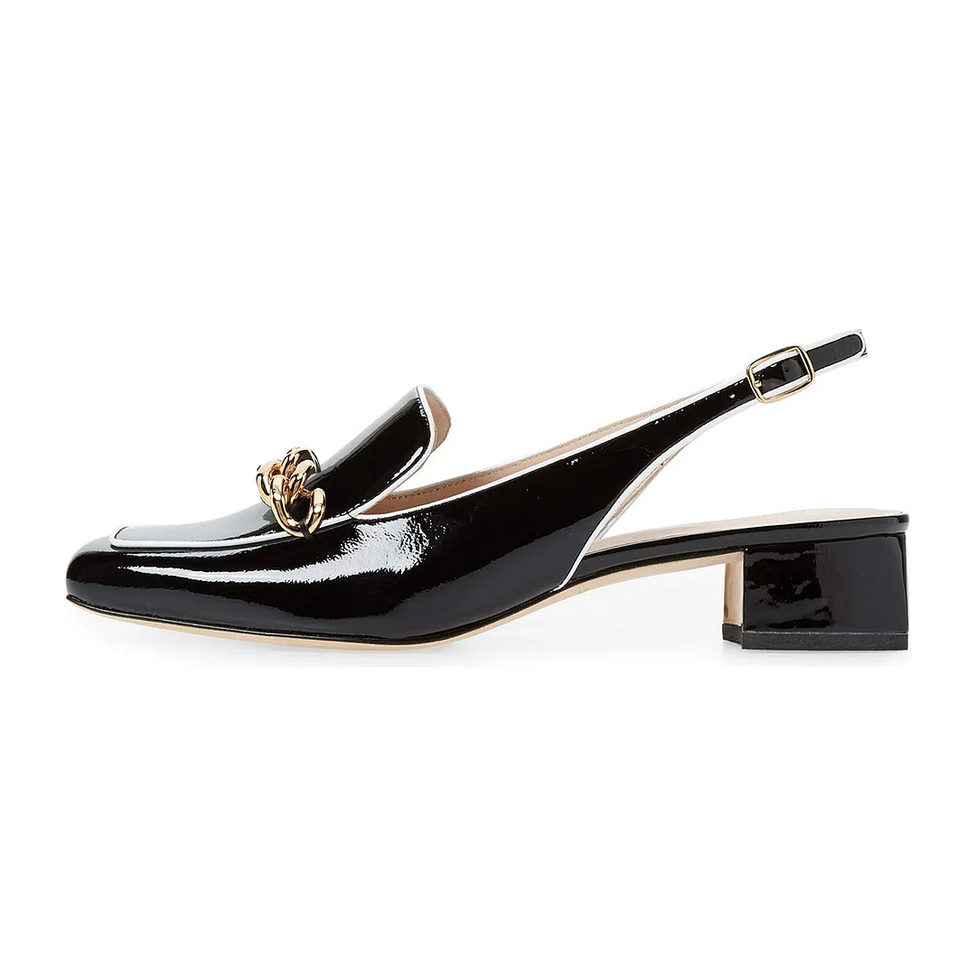 Shiny Black Patent Leather Block Heel Gold Chain Slingback Loafers 