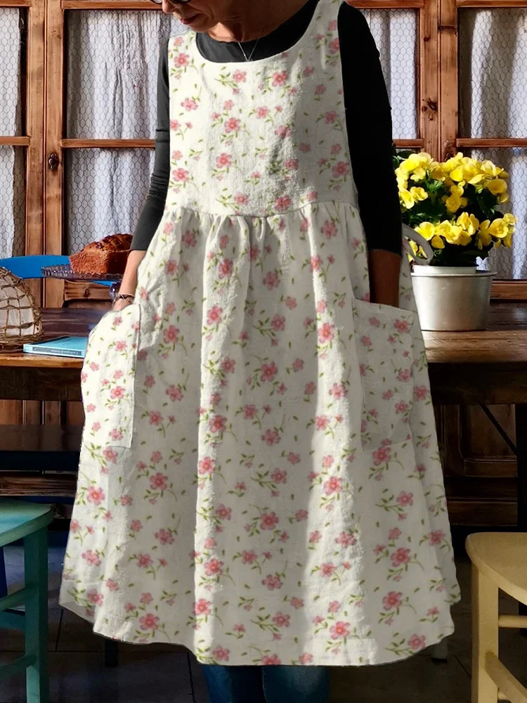 VChics Cottage Floral Patch Pocket Pinafore Midi Dress