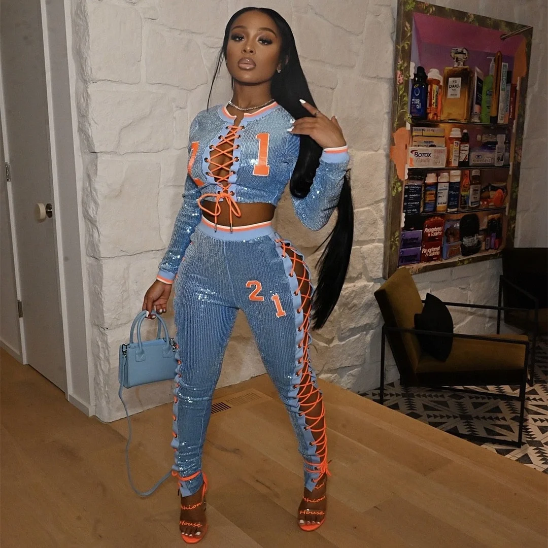 ANJAMANOR Sexy Bling Sequin Two Piece Set Club Outfits for Women Cut Out Lace Up Bandage Pants Crop Top Matching Sets D57-HH42