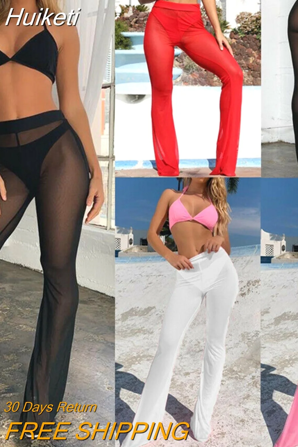 Huiketi Sexy Women Beach See-through Mesh High Waist Elastic Sheer Wide Leg Pants Trousers Boho Bikini Cover Up S-XL