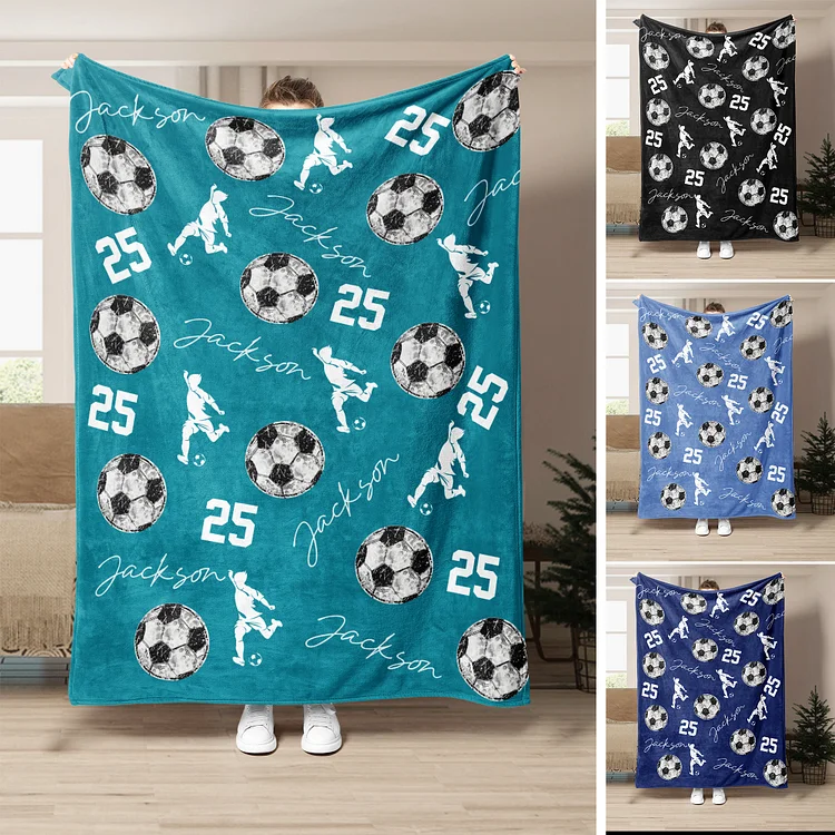 Personalized Soccer Blanket, Custom Name Number Soft Cozy Blankets | BKKid358