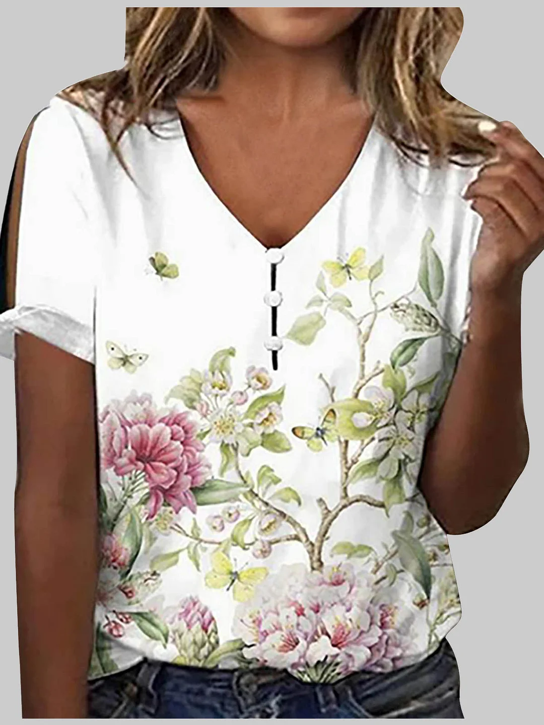 Women's Graphic Floral  Printed V-neck Short Sleeve Top