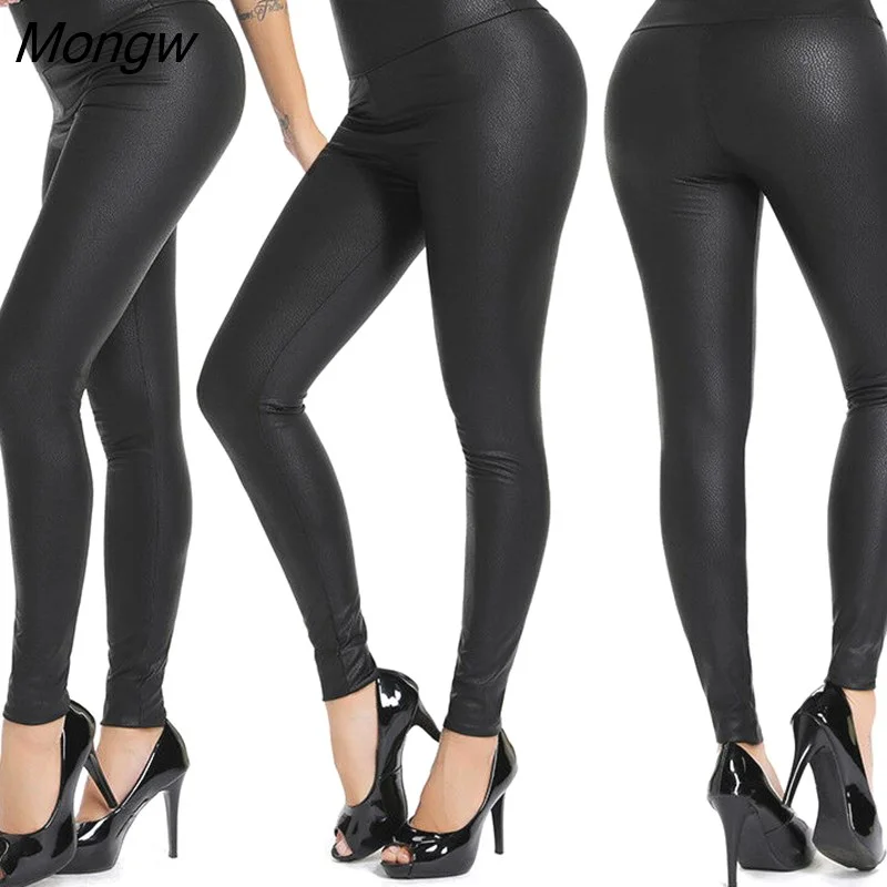Mongw Women Fashion Sexy sheath Leggings ONE Size Cheap Women Clothing Black Stretch Faux Leather High Waist pants