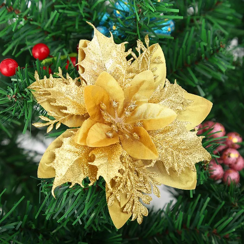 5pcs 14cm Glitter Artificial Christmas Flowers Xmas Tree Ornaments Merry Christmas Decorations for Home New Year Gifts Navidad